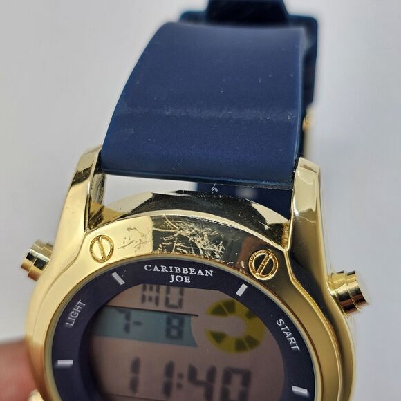 43MM Caribbean Joe Men's Digital Watch Alarm Chrono Gold Case Blue Plastic Bands - Picture 8 of 15